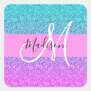 Glamouröses Lila-Aqua-Glitter-Sparkling-Gradient-M Quadratischer Aufkleber
