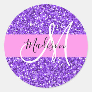 Glamouröses lila und rosa glitzerndes Monogramm Na Runder Aufkleber