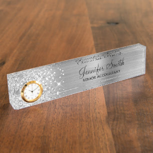 Glamouröses Mädchenhaftes Silber Glitzer Namensplakette