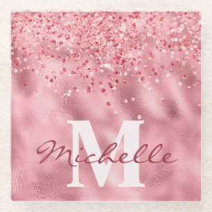 Glamouröses Pink Glitzer Monogramm Glasuntersetzer