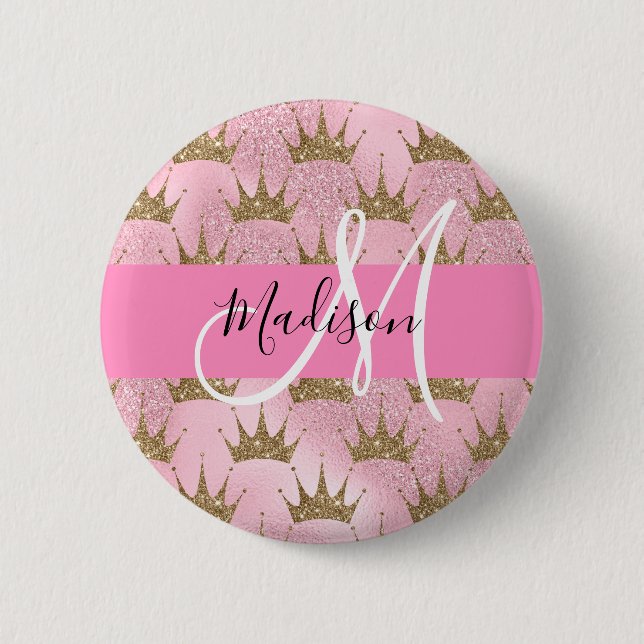 Glamouröses Pink & Gold Glitter Funkeln Kronen Mon Button (Vorderseite)