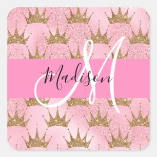 Glamouröses Pink & Gold Glitter Funkeln Kronen Mon Quadratischer Aufkleber