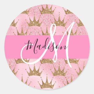 Glamouröses Pink & Gold Glitter Funkeln Kronen Mon Runder Aufkleber