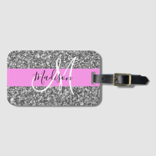 Glamouröses Pink & Silber Glitter Funkeln Monogram Gepäckanhänger