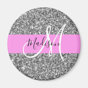 Glamouröses Pink & Silber Glitter Funkeln Monogram Magnet