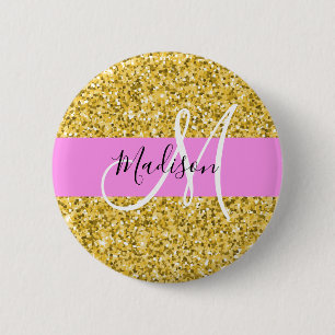 Glamouröses Pink und Gold Glitter Funkeln Monogram Button