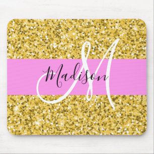 Glamouröses Pink und Gold Glitter Funkeln Monogram Mousepad