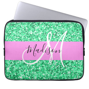 Glamouröses Pink und Grün Glitter Funkeln Monogram Laptopschutzhülle