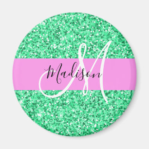 Glamouröses Pink und grüner Glitter Funkeln Monogr Magnet