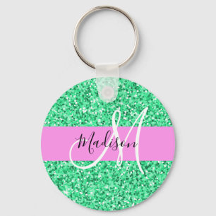 Glamouröses Pink und grüner Glitter Funkeln Monogr Schlüsselanhänger