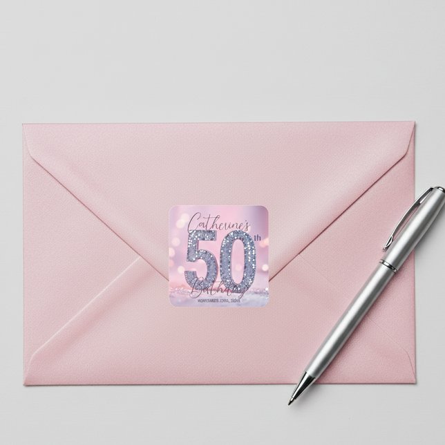 Glamouröses Pink und Silber Pailletten 50. Geburts Quadratischer Aufkleber (Von Creator hochgeladen)