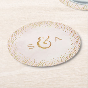 Glamouröses roségoldenes Hochzeitsmonogramm mit fa Runder Pappuntersetzer