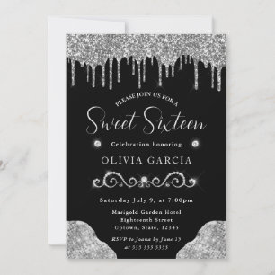 Glamouröses Silber mit tropfendem Glitter Sweet 16 Einladung