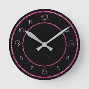 Glamouröses und feminin-rosa-glitzer auf Schwarz Runde Wanduhr