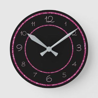 Glamouröses und feminin-rosa-glitzer auf Schwarz Runde Wanduhr