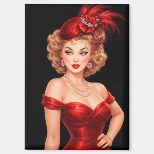 Glamouröses Vintage-Pin-Up in rotem Hut und Satink Magnet
