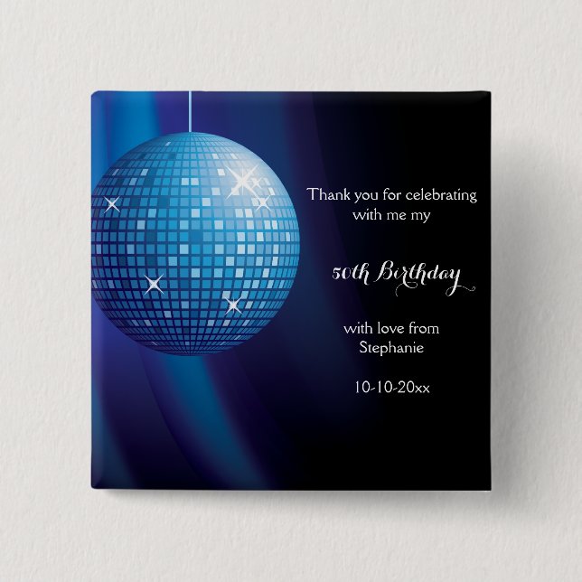 Glamourous 50. Geburtstag Blue Party Disco Ball Button (Vorderseite)