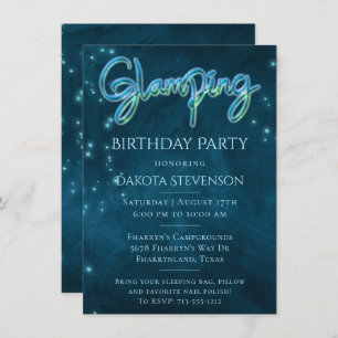 Glamping Birthday Party   Dark Neon Blue Aquamarin Einladung