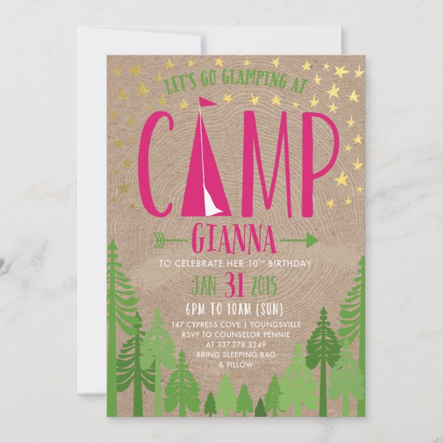 Glamping Birthday Party Einladung für Pennie (Vorderseite)