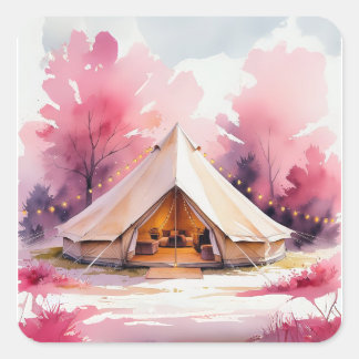 Glamping-Junggesellinnen-Wochenende-Wasserfarbe Quadratischer Aufkleber
