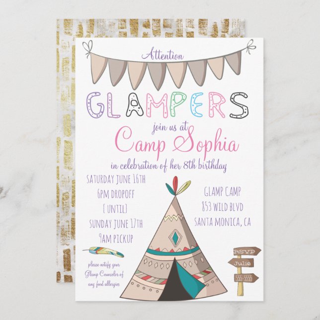Glamping Themed Birthday Einladung (Vorne/Hinten)