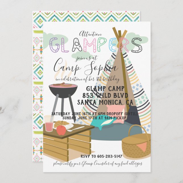 Glamping Themed Birthday Einladung (Vorne/Hinten)
