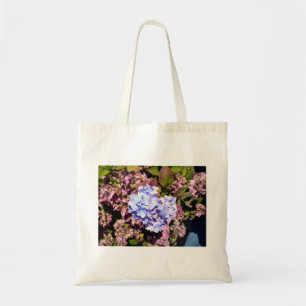 Glänzende blaue und lila Hydrangea-Blumen Tragetasche
