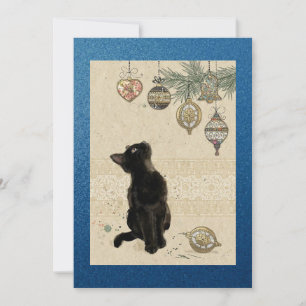 Glänzende blaue Vintage-Schwarze Katze, die Orname Feiertagskarte