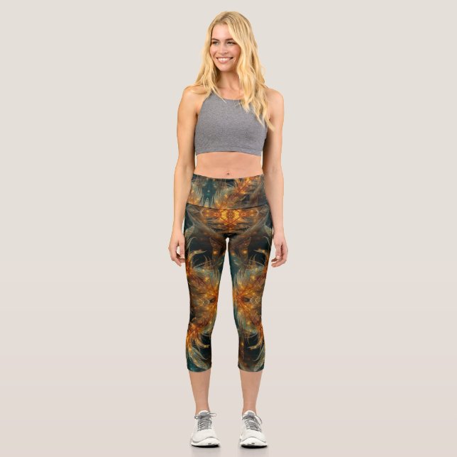 Glänzende braune Federn Capri Leggings (Vorderseite)