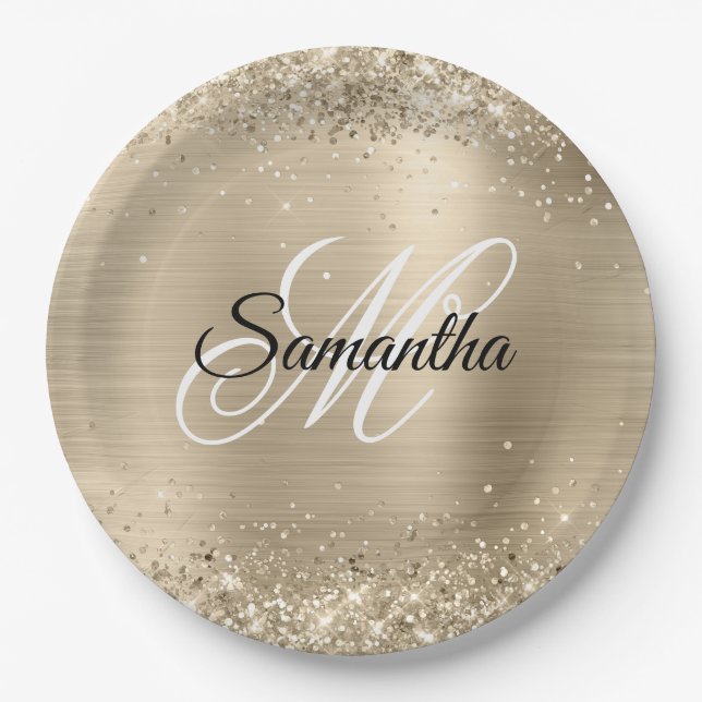 Glänzende Champagnerfolie Fancy Monogramm Pappteller (Vorderseite)