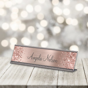 Glänzende falsche Roségoldfolie Name Schreibtischnamensplakette