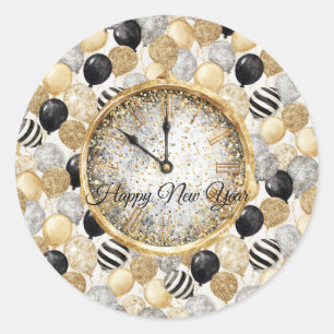 Glänzende Gold Silber Schwarze Neujahrsballons Runder Aufkleber