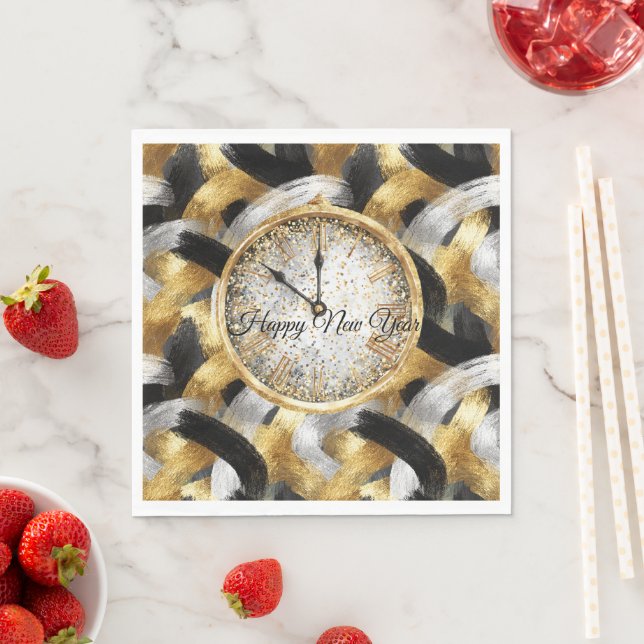 Glänzende Gold Silber Schwarze Neujahrsuhr Serviette (Beispiel)