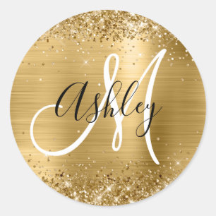 Glänzende Goldfolie Schwarz-Weiß-Monogramm Runder Aufkleber