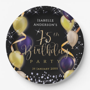 Glänzende Luftballons 75. Geburtstag Schwarz Pappteller