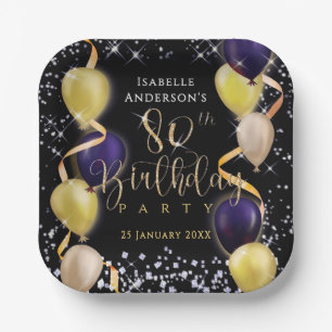 Glänzende Luftballons 80. Geburtstag Schwarz Pappteller