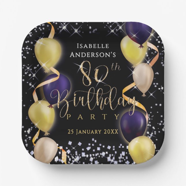 Glänzende Luftballons 80. Geburtstag Schwarz Pappteller (Vorderseite)