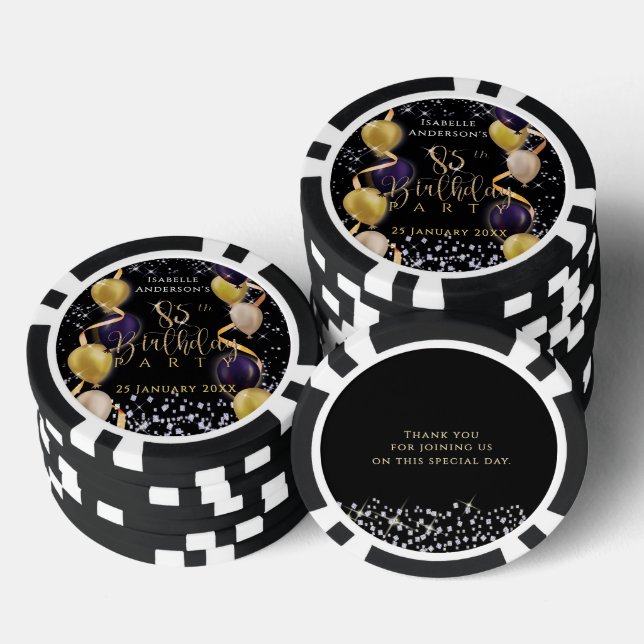 Glänzende Luftballons 85. Geburtstag Schwarz Pokerchips (Stapel)