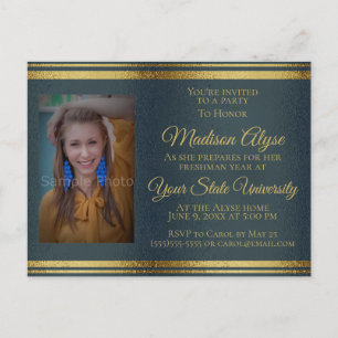 Glänzende Navy-Blau-Gold-Foto-Uni-Koffer-Party Einladungspostkarte