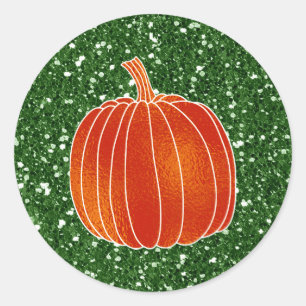 Glänzende Orange Herbst-Kürbis-Grün-Glitzer-Favor Runder Aufkleber