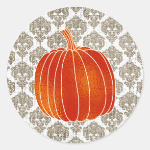 Glänzende Orange Herbst-Kürbis-Jute Weiß Damast Runder Aufkleber
