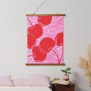 Glänzende rosa rote Zebra-Kirschen Wandteppich Mit Holzrahmen