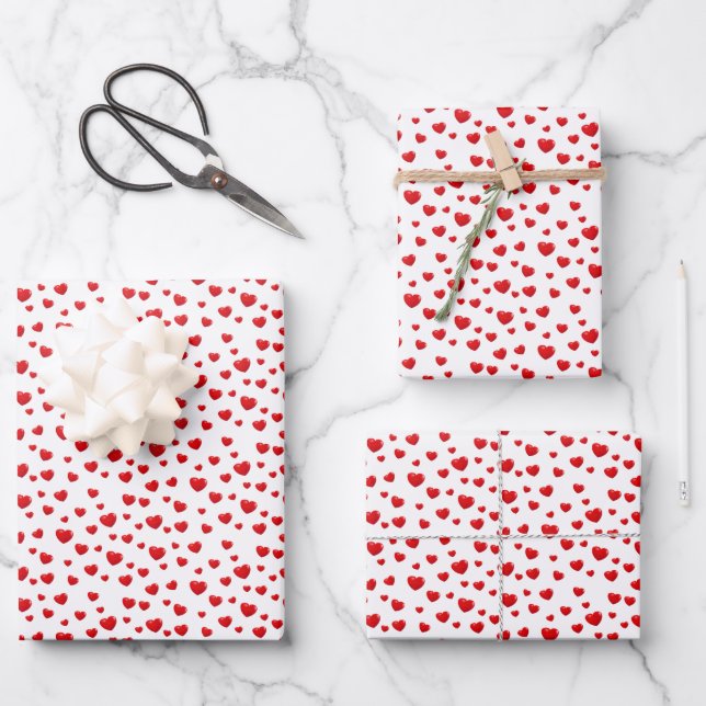 Glänzende rote Herzen auf Weiß Geschenkpapier Set (Vorderseite)