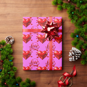 Glänzende rote Herzen und Liebesschrift Romantisch Geschenkpapier