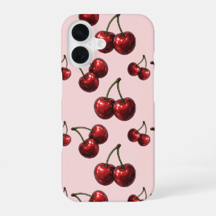Glänzende rote Kirschen Rosa Retro iPhone 16 Hülle