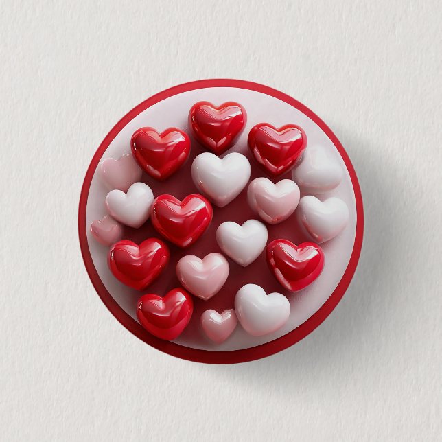 Glänzende rote und weiße Herzen Button (Vorderseite)