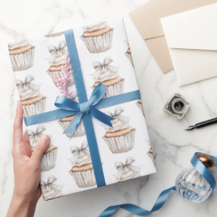 Glänzende Silber Weiße Cupcakes Schleife Geburtsta Geschenkpapier