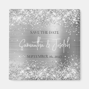 Glänzende Silberfolie Hochzeit - Rettet das Datum Magnet