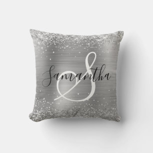 Glänzende silberne Folie Elegant Monogrammiert Kissen