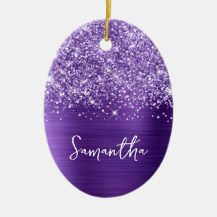 Glänzender Amethyst Lila Glam Name Oval Foto Keramik Ornament